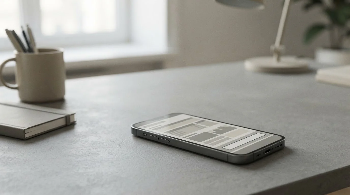 Smartphone auf einem Schreibtisch mit neutraler Wett-App-Oberfläche im Fokus auf Kleinsteinzahlungen