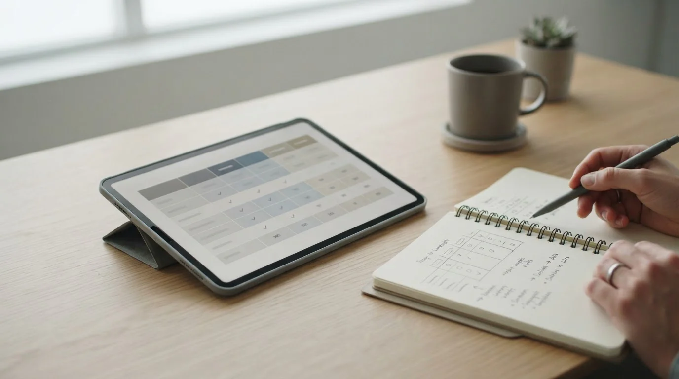 Systematischer Vergleich mehrerer Wettanbieter auf Tablet und Notizblock