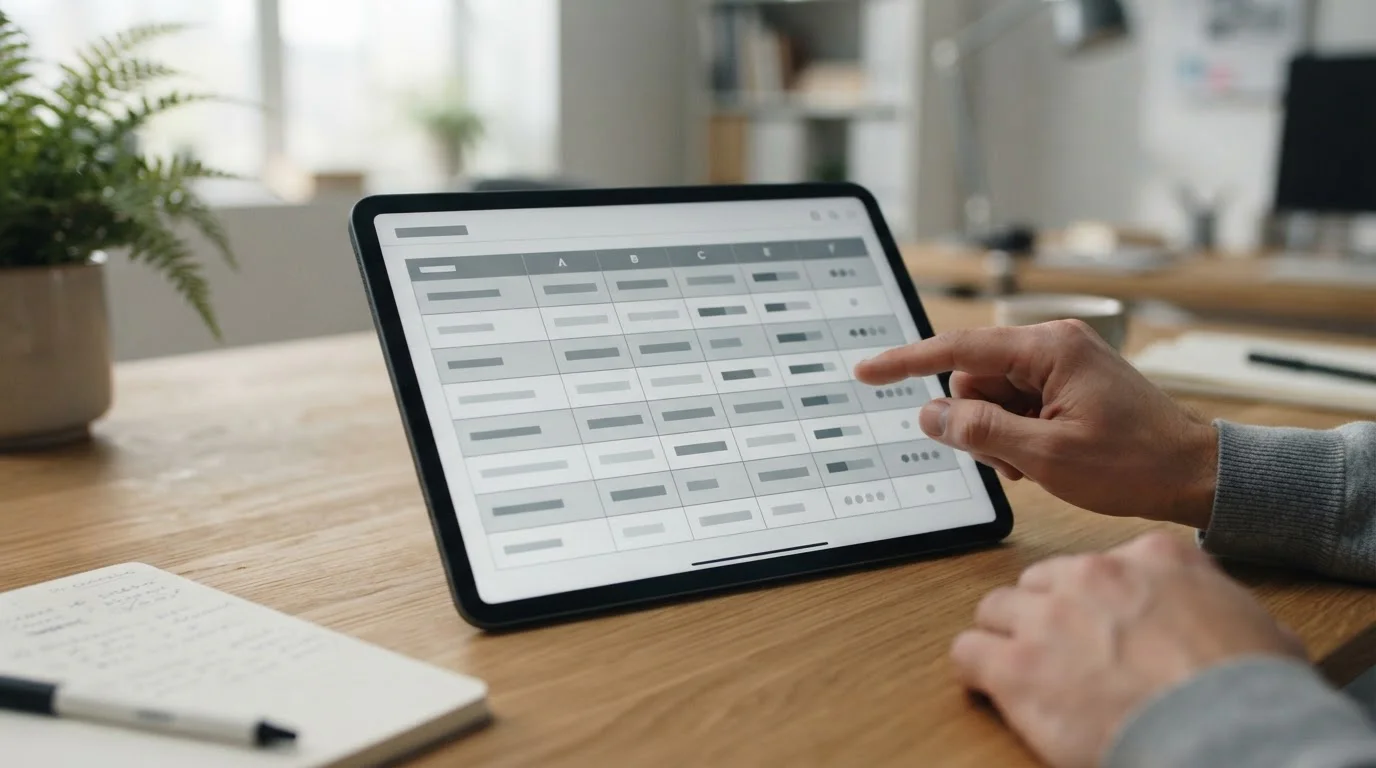 Vergleichstabelle auf einem Tablet-Bildschirm mit mehreren Zeilen und Spalten