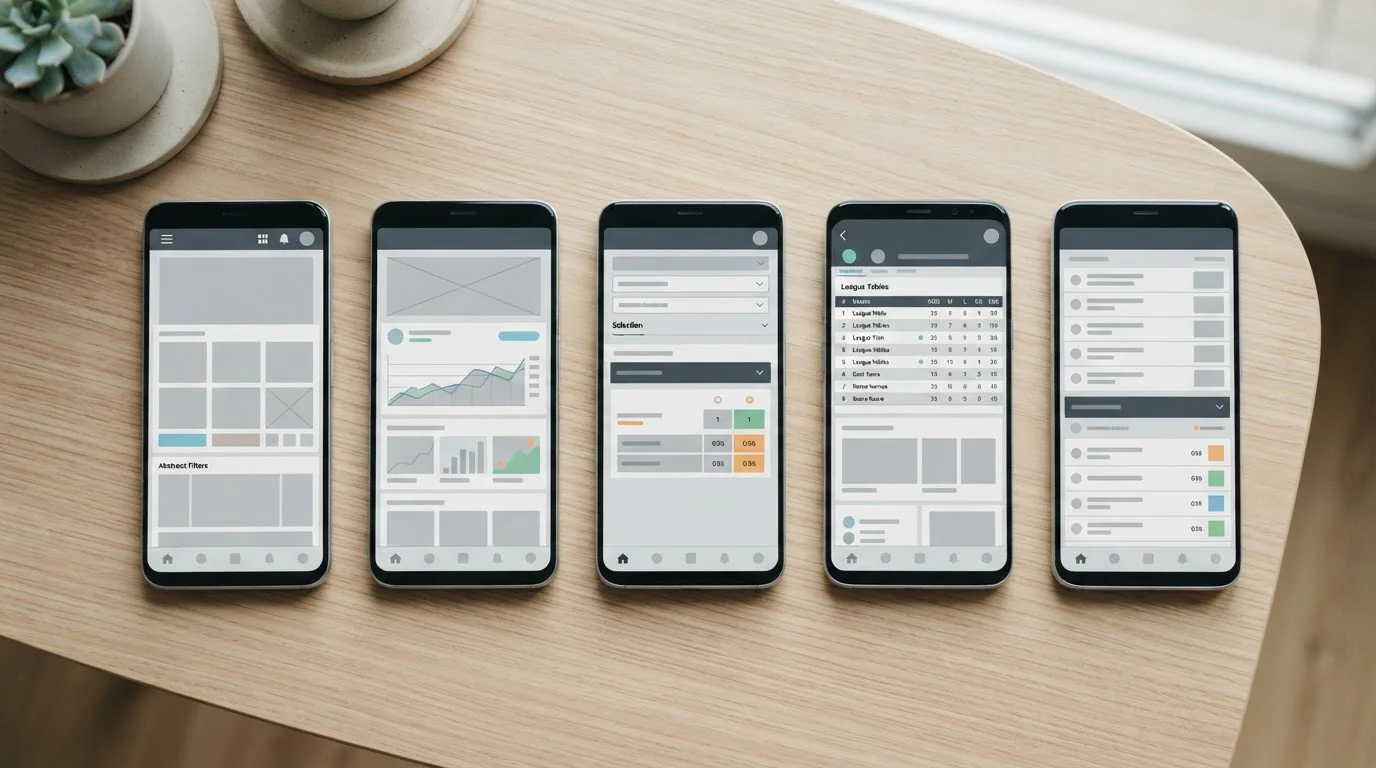 Mehrere Smartphones nebeneinander mit abstrakten App-Oberflächen im Vergleich