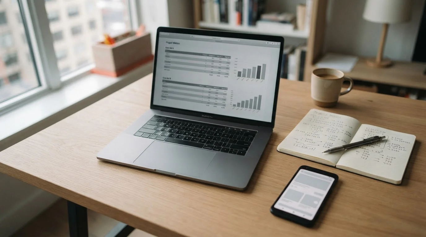 Arbeitsplatz mit Laptop und Taschenrechner für die Analyse von Eredivisie-Wettquoten