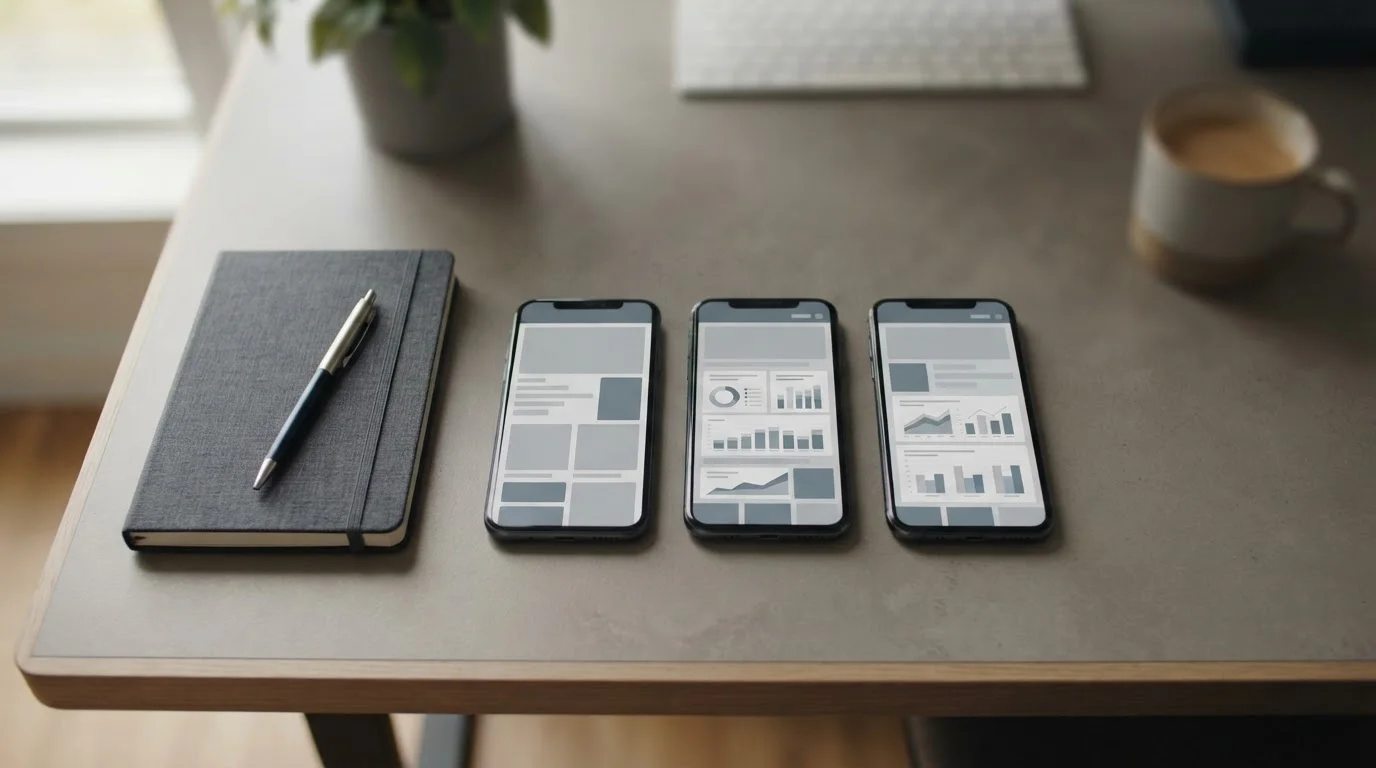 Verschiedene Smartphones mit Wett-Apps auf einem aufgeräumten Schreibtisch, Fokus auf Vergleich und Analyse