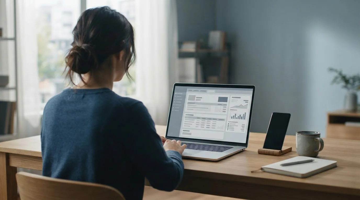 Person analysiert Zahlungsoptionen am Laptop mit neutralem Interface