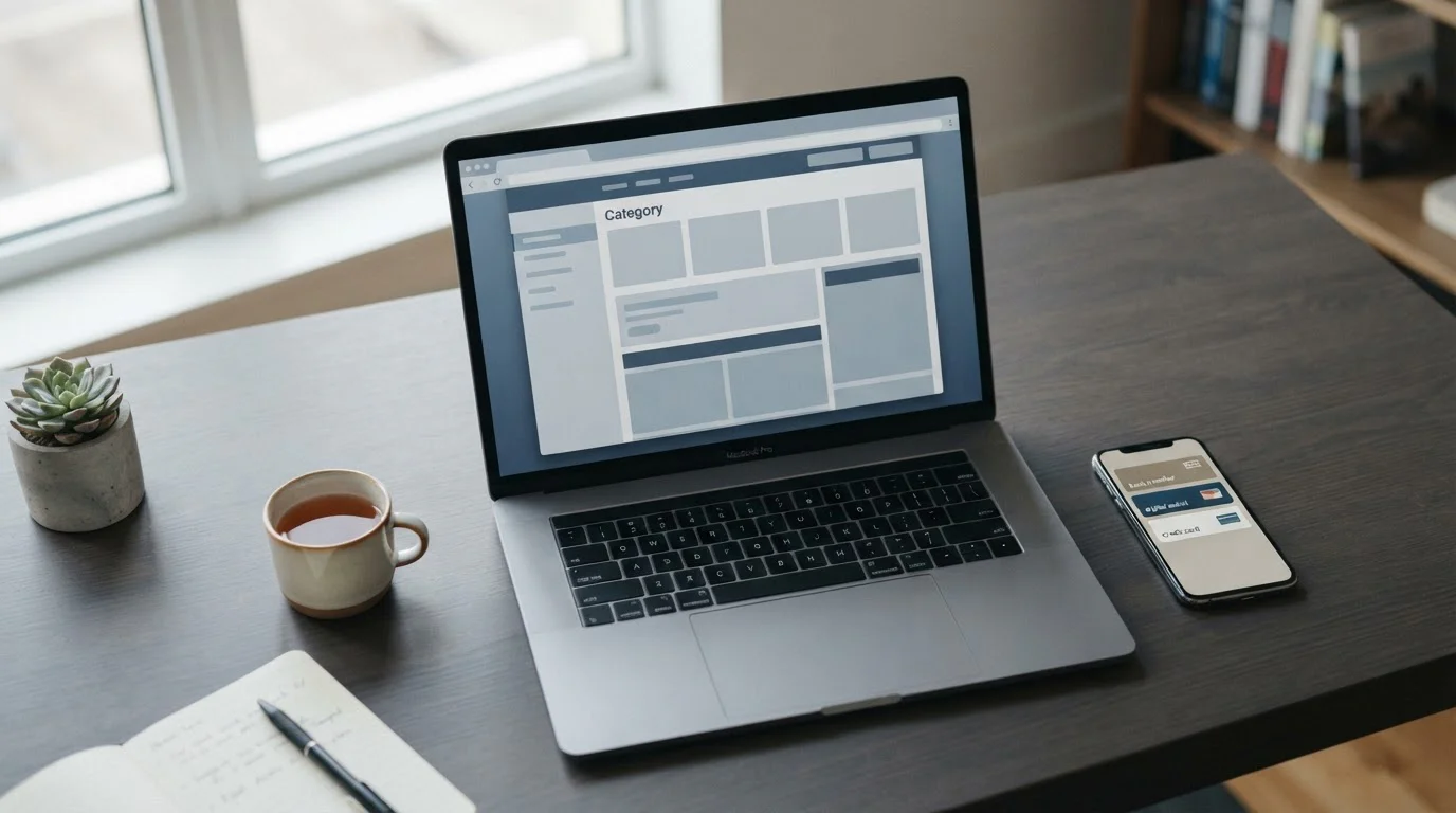 Laptop mit neutraler Wettplattform und Smartphone auf minimalistischem Schreibtisch
