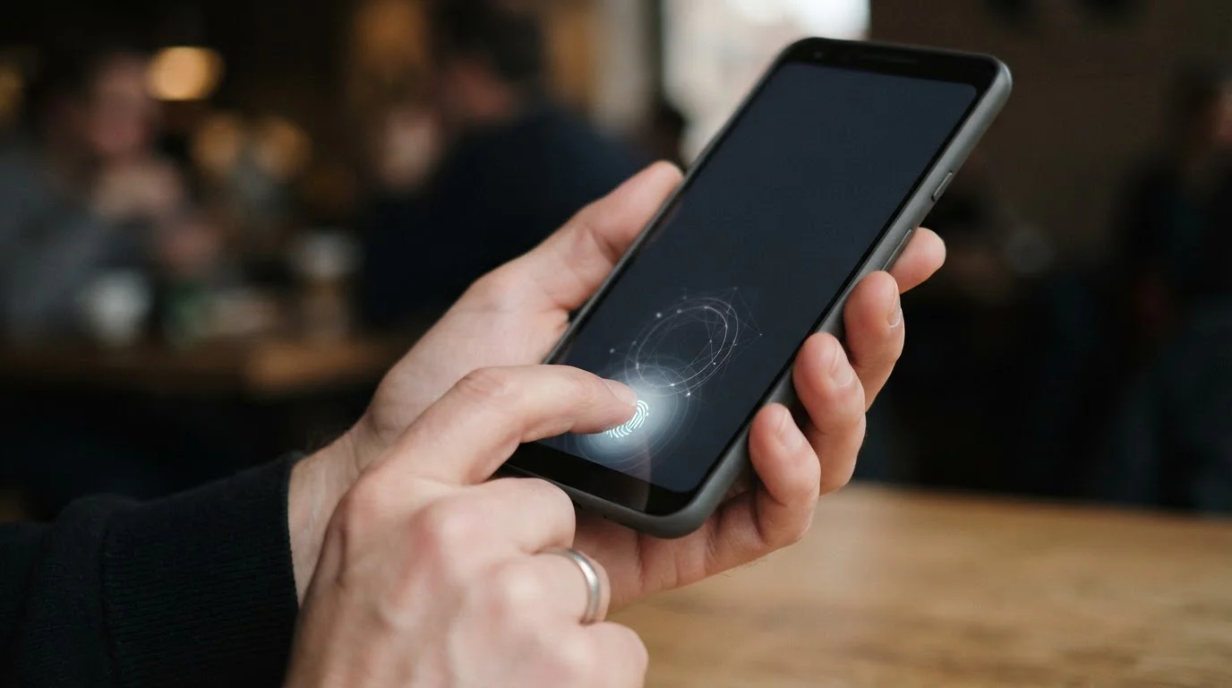 Hand aktiviert biometrischen Fingerabdruck-Login auf Android-Smartphone