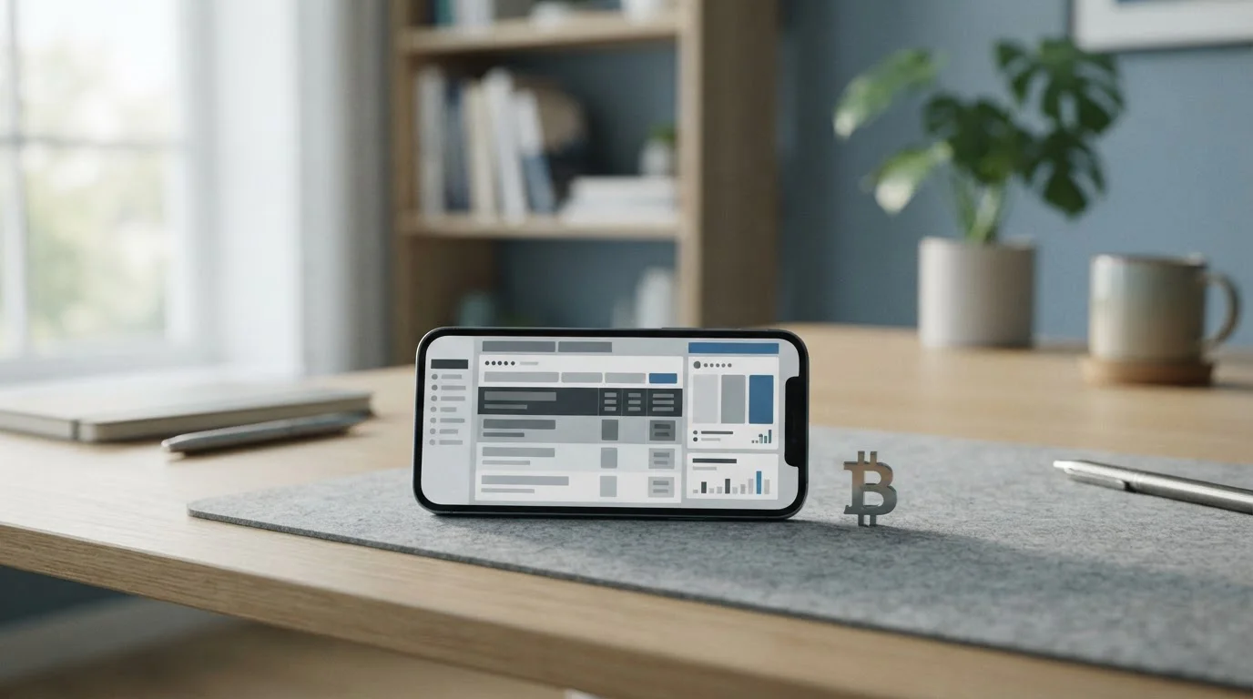 Bitcoin-Symbol neben einem Smartphone mit neutraler Wett-App-Oberfläche auf einem minimalistischen Schreibtisch