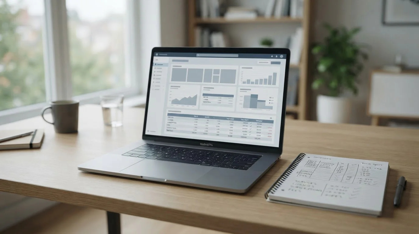 Laptop mit abstrakter Zahlungsschnittstelle und Notizen zur Analyse von Wettanbietern