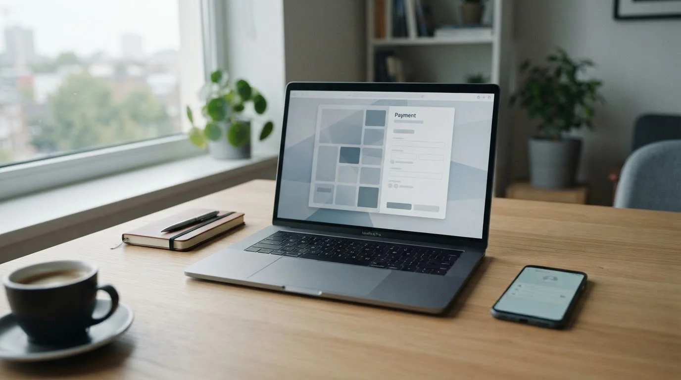 Laptop mit neutraler Zahlungsschnittstelle und Smartphone auf einem aufgeräumten Schreibtisch