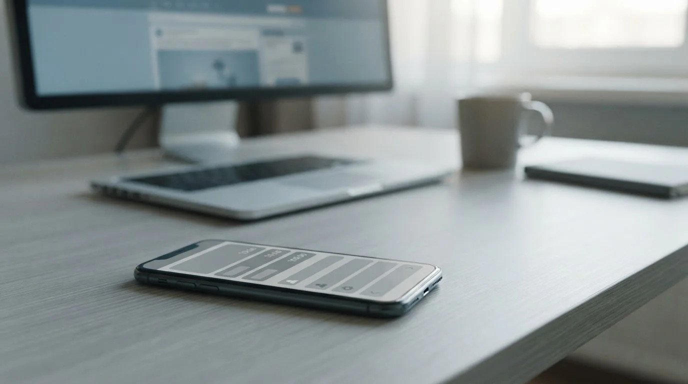 Smartphone mit Zahlungs-App und Laptop auf neutralem Schreibtisch
