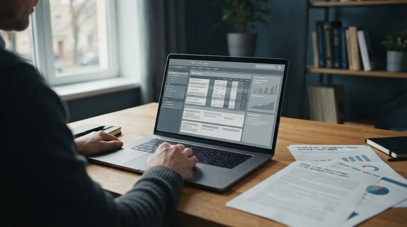 Laptop mit abstraktem Wettanbieter-Interface auf Schreibtisch neben Regulierungsdokumenten