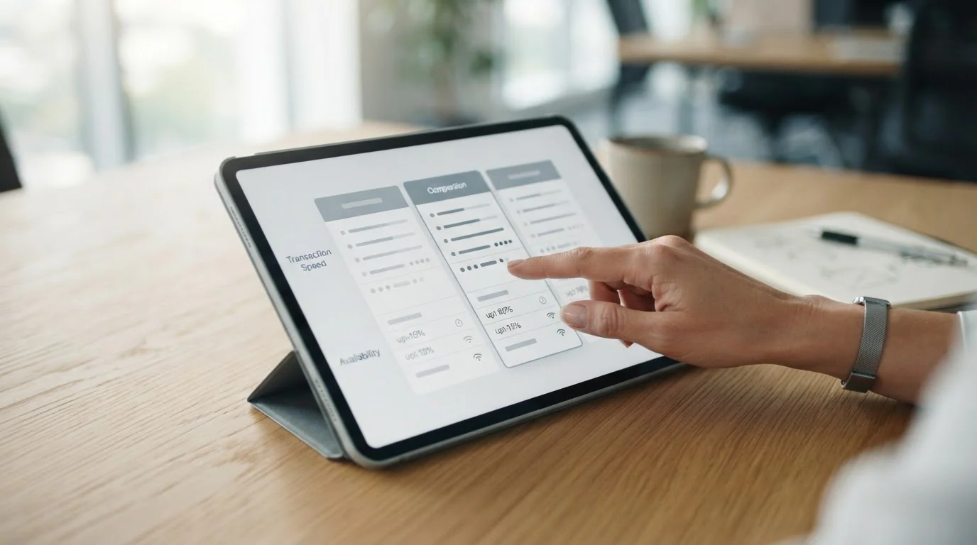 Vergleichstabelle verschiedener Sofort-Zahlungsmethoden auf Tablet-Bildschirm