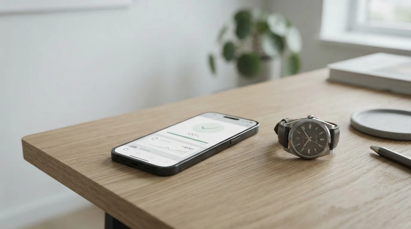Smartphone zeigt abgeschlossene Apple Pay-Transaktion neben Uhr als Zeitvergleich