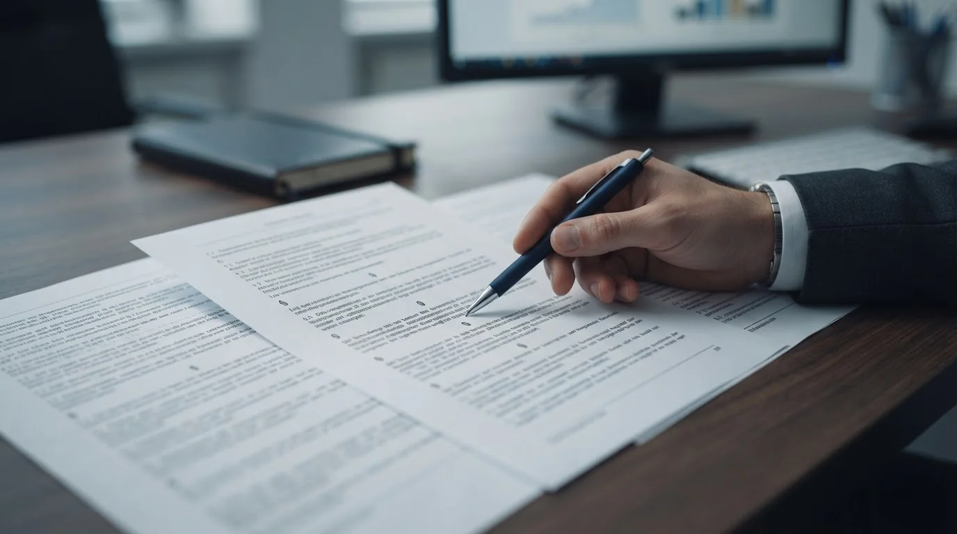 Dokument mit Lizenzinformationen und Paragraphenzeichen auf Schreibtisch