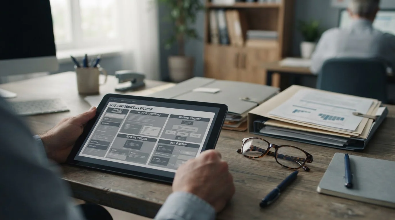 Offizielle Dokumente und Tablet mit Lizenzinformationen auf aufgeräumtem Schreibtisch