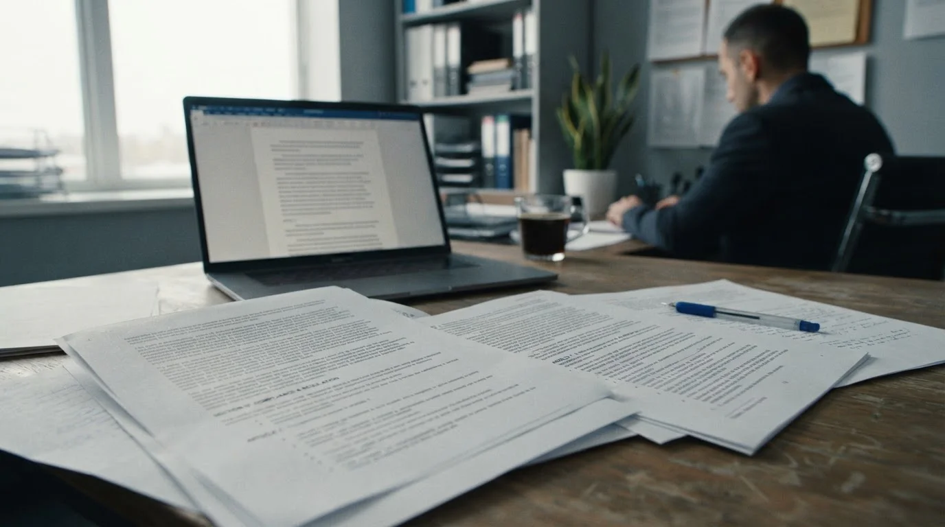Offizielle Dokumente und Laptop mit Gesetzestexten auf einem Schreibtisch