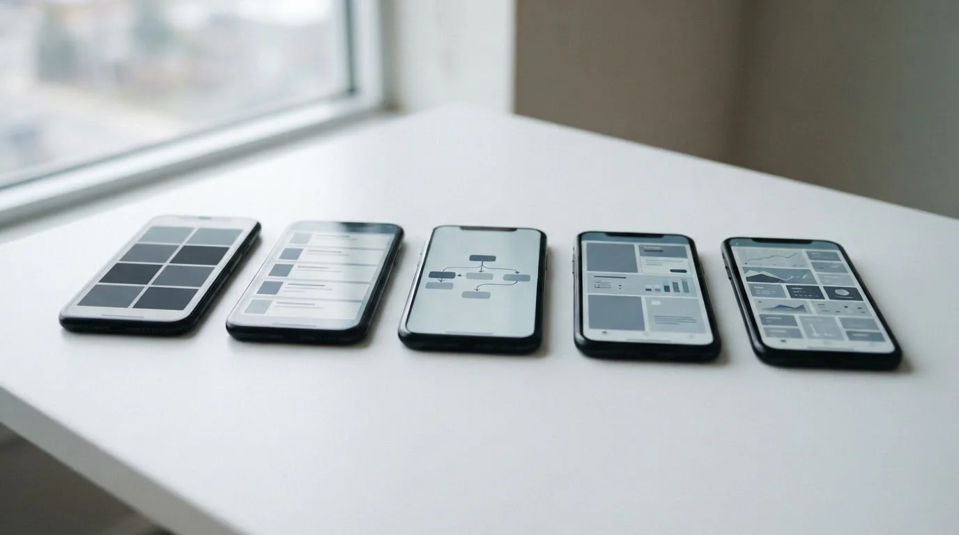 Mehrere Smartphones mit unterschiedlichen neutralen App-Oberflächen nebeneinander auf hellem Hintergrund