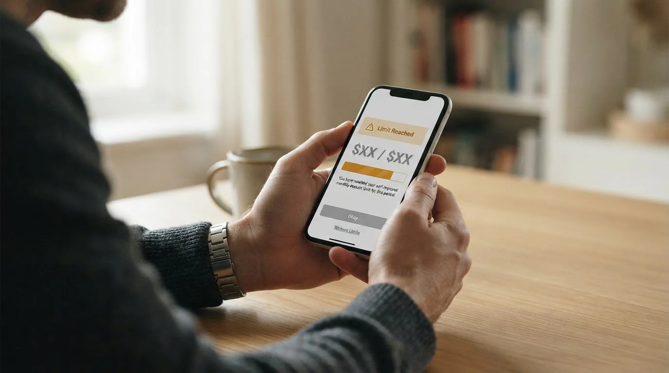 Smartphone mit Einzahlungsformular zeigt monatliches Limit-Warnsystem