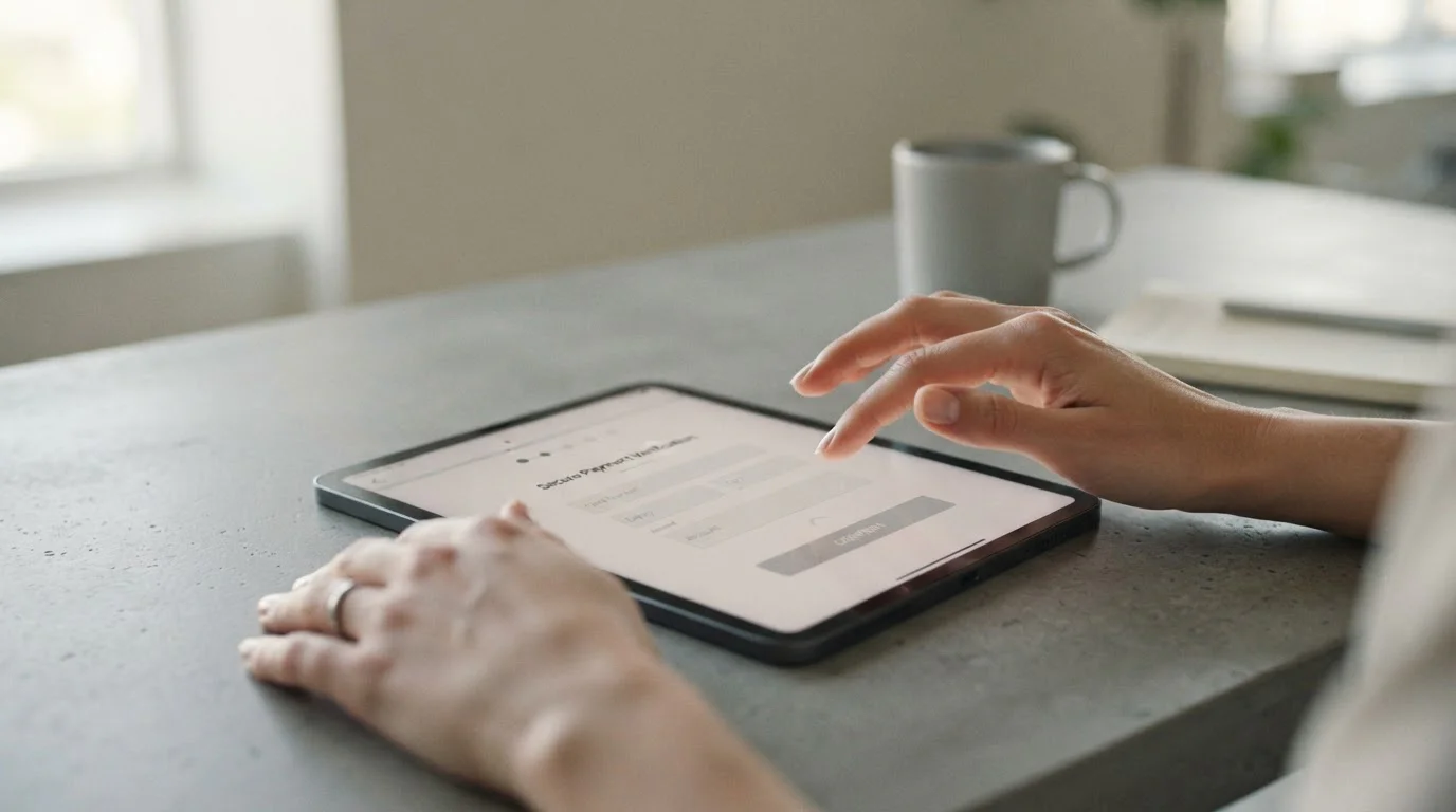 Abstrakte Darstellung eines digitalen Zahlungsvorgangs auf Tablet-Bildschirm