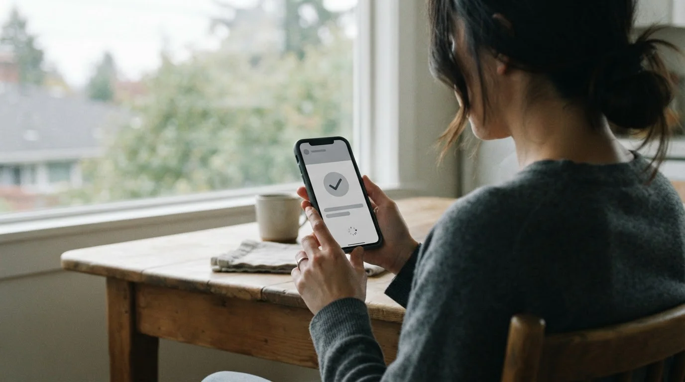 Person beendet mobile Zahlungstransaktion auf Smartphone mit abstraktem Interface