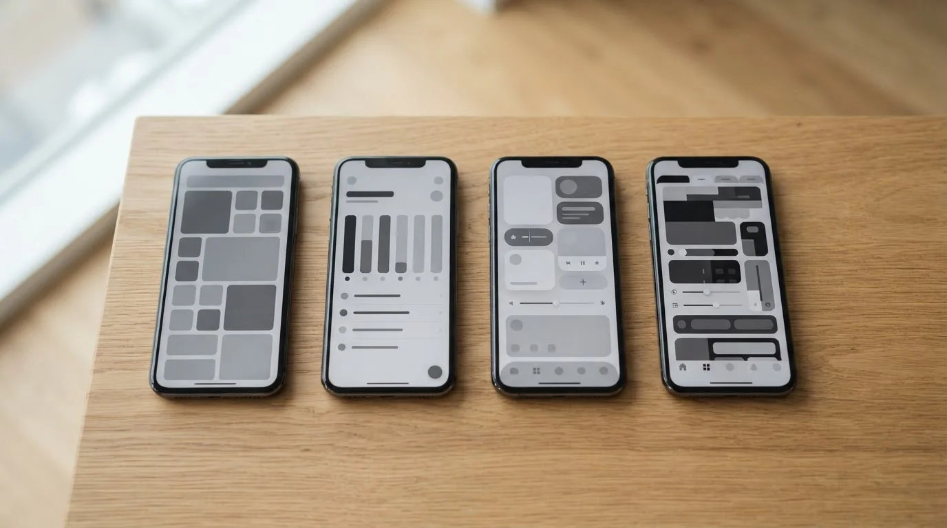 Mehrere Smartphones nebeneinander mit verschiedenen neutralen App-Oberflächen