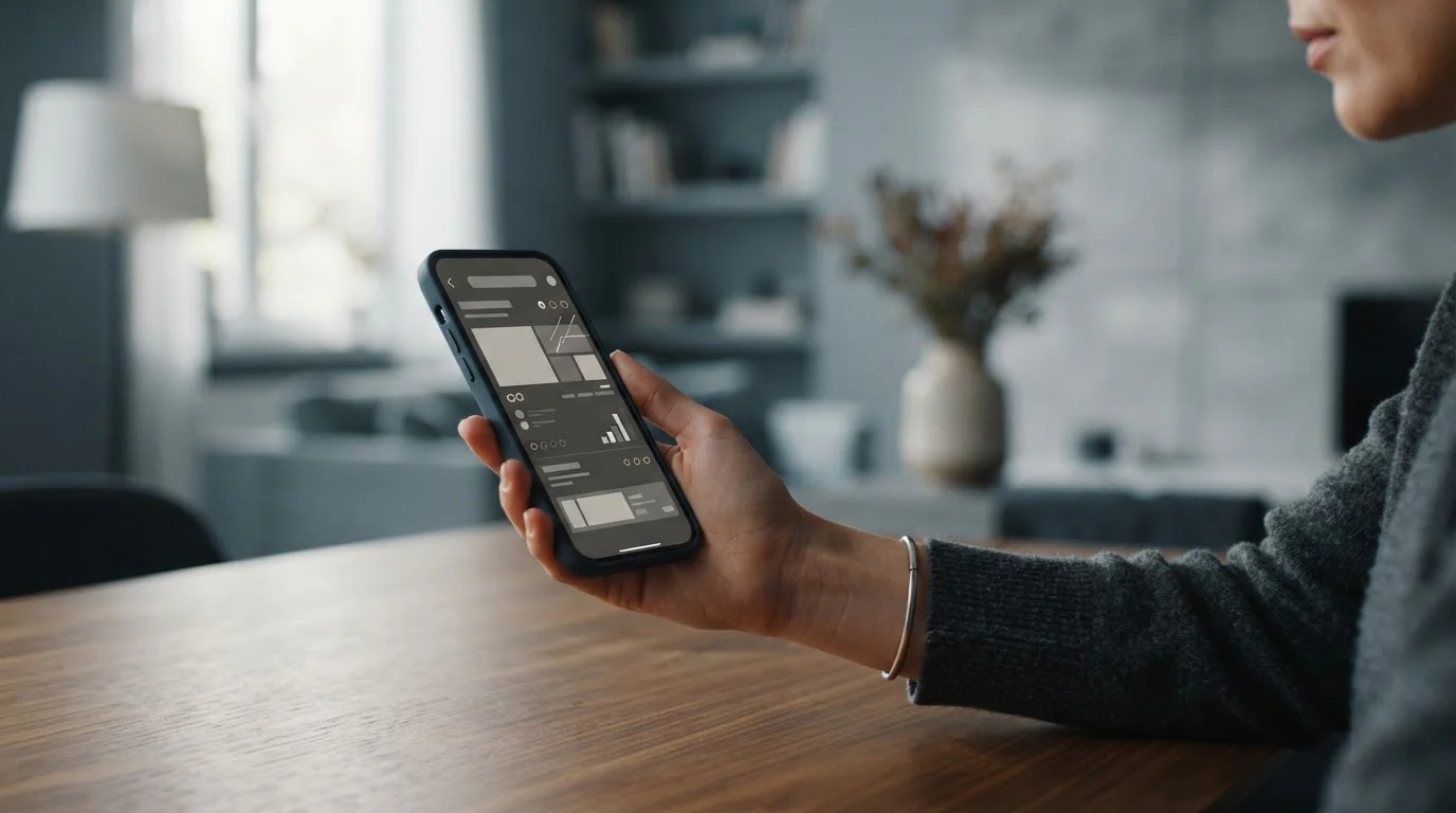 Hand hält Smartphone mit abstrakter Wett-App-Oberfläche in modernem Umfeld