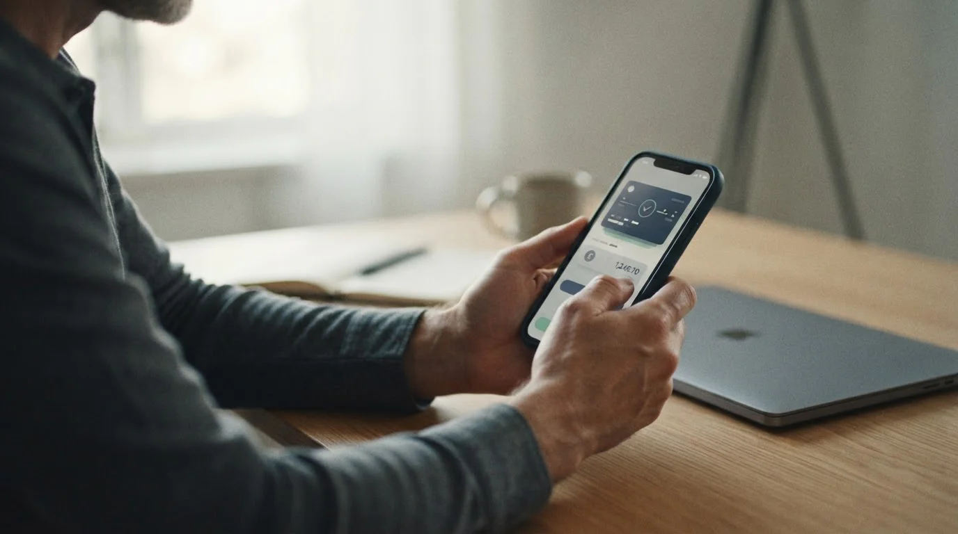 Hand hält Smartphone mit Zahlungs-App während Transaktion