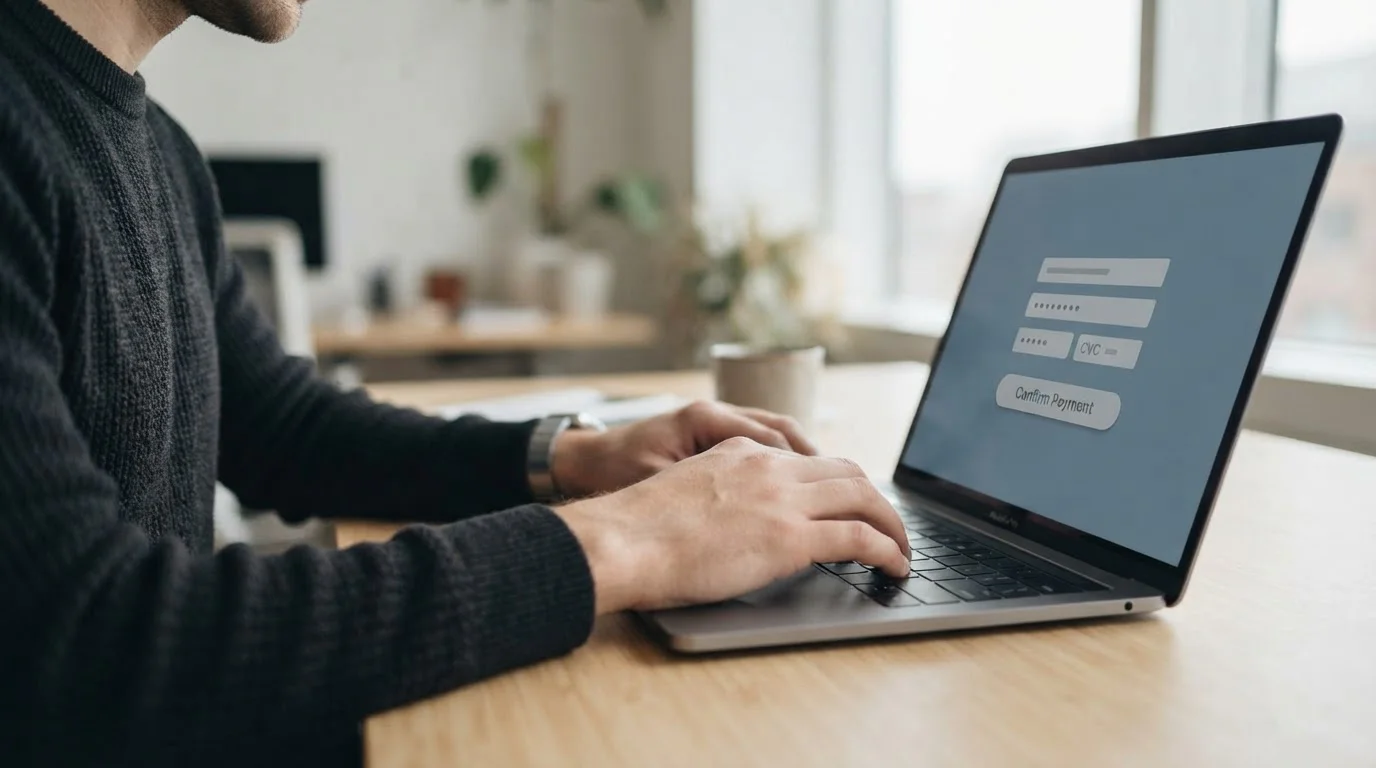 Hände geben Zahlungsinformationen auf Laptop ein
