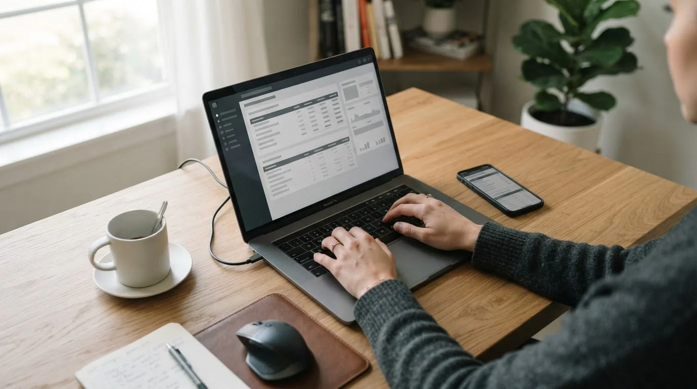 Person analysiert Wettanbieter-Vergleich auf Laptop in ruhiger Arbeitsumgebung