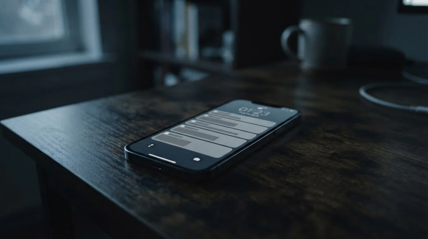 Smartphone mit mehreren Push-Benachrichtigungen auf dem Sperrbildschirm in gedämpftem Licht