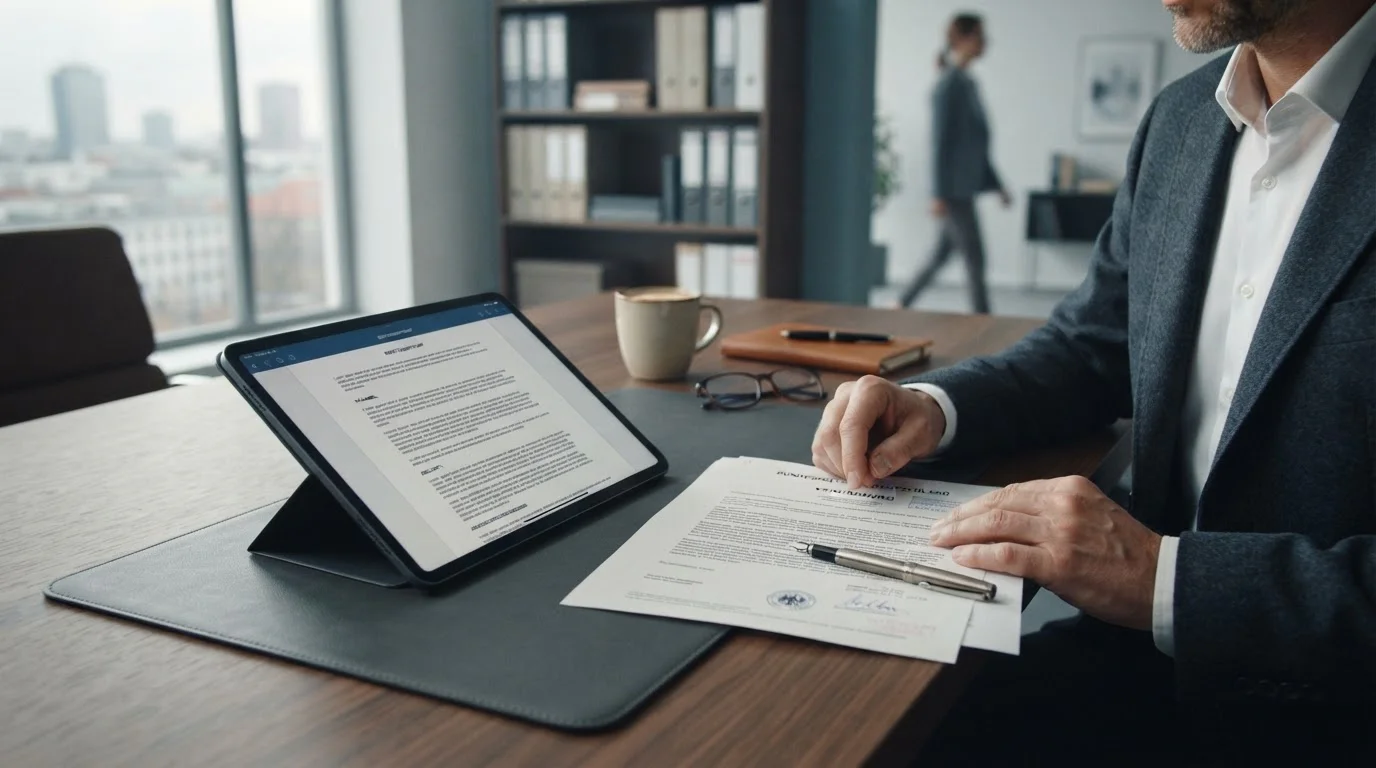 Tablet mit Gesetzestext und offiziellem Dokument auf einem ruhigen Arbeitsplatz
