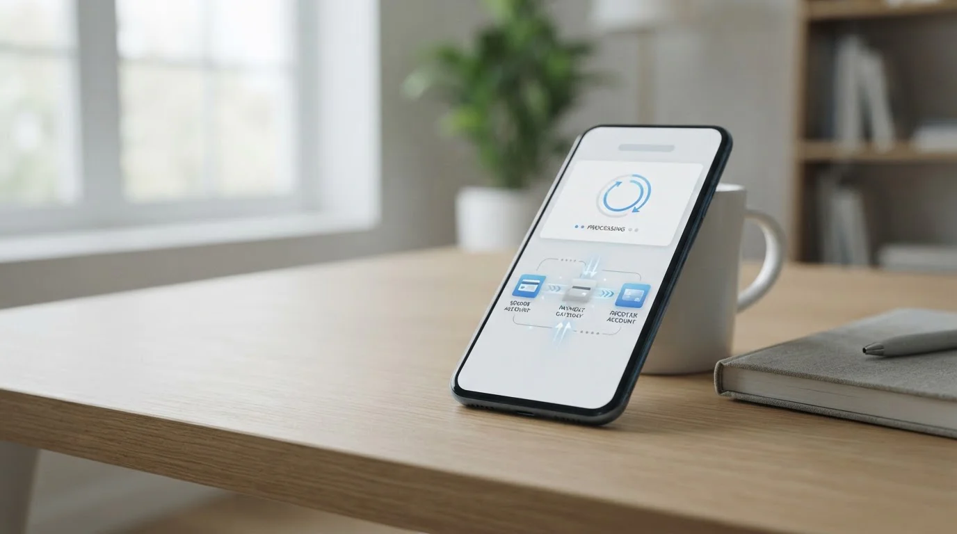 Smartphone mit Banking-App zeigt moderne SEPA-Überweisung