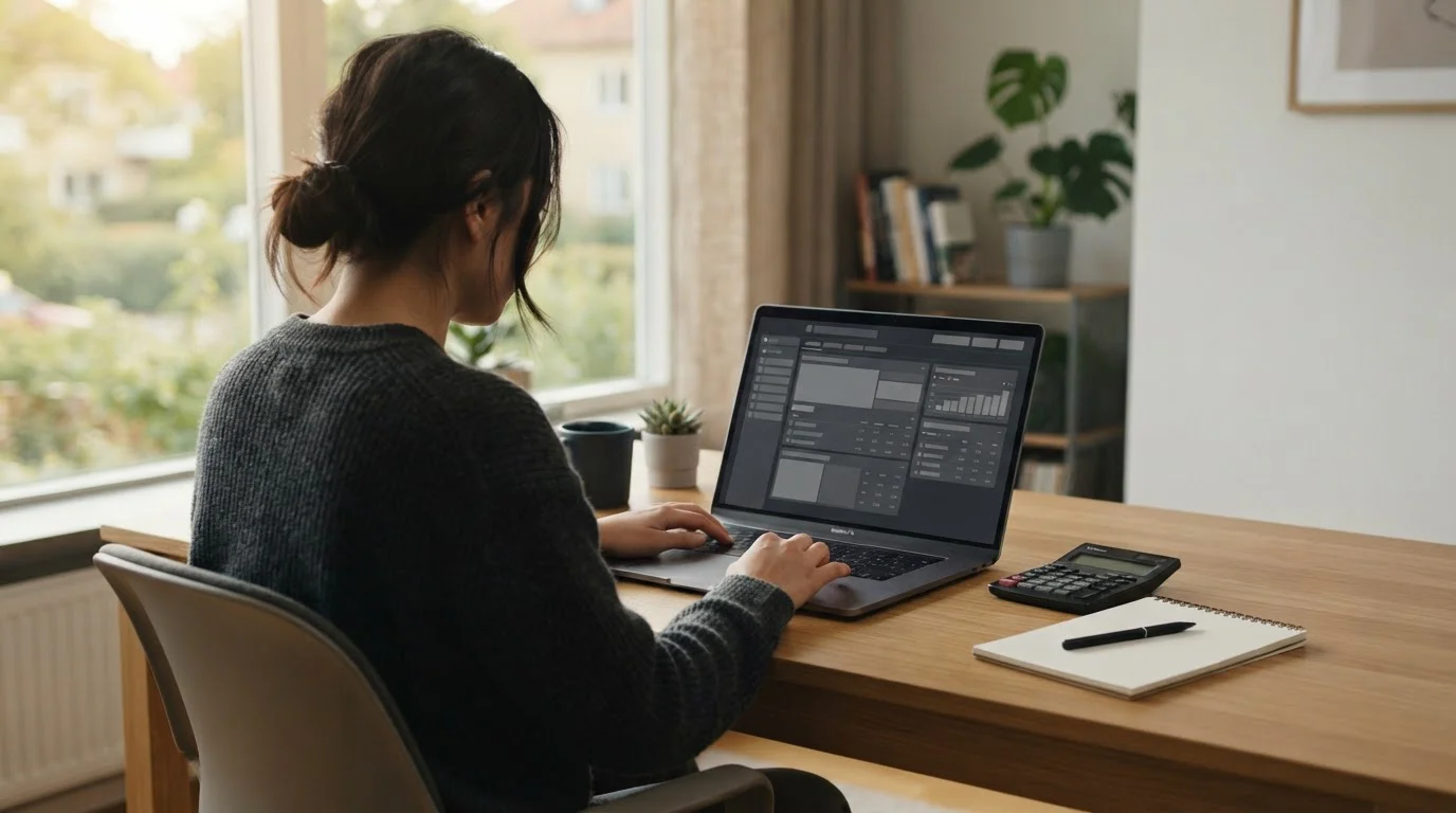 Person analysiert Wettangebote mit Steuerübernahme am Laptop mit Taschenrechner