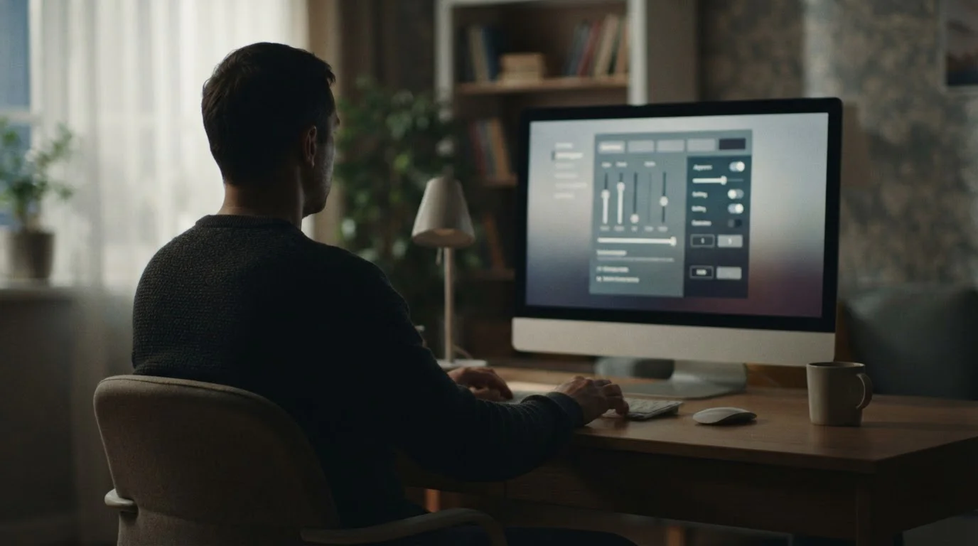 Person von hinten vor Computer-Bildschirm mit Limit-Einstellungen in ruhiger, gedämpfter Atmosphäre
