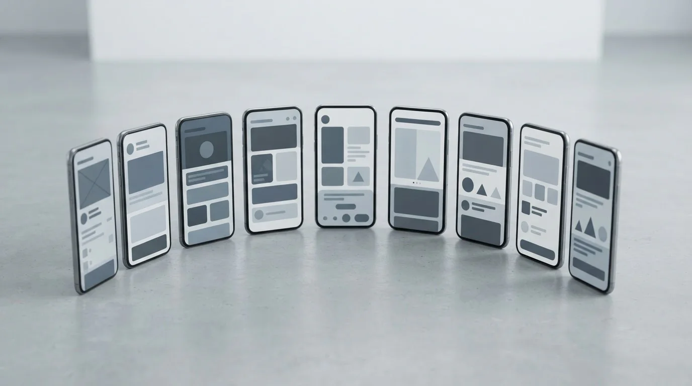 Neun Smartphones in einer Reihe mit neutralen App-Oberflächen für den Leistungsvergleich