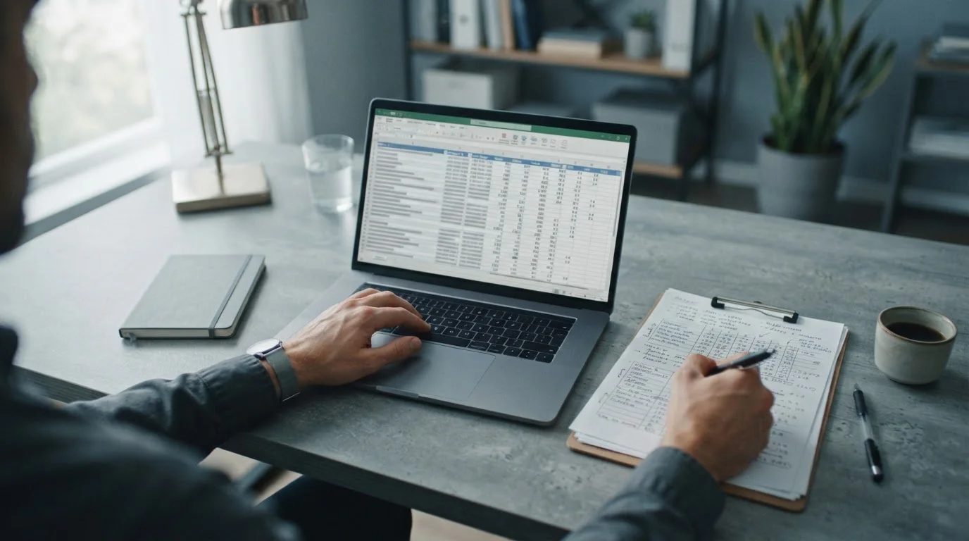 Arbeitsplatz mit Dokumenten und Laptop beim Vergleich von Wettanbieter-Konditionen